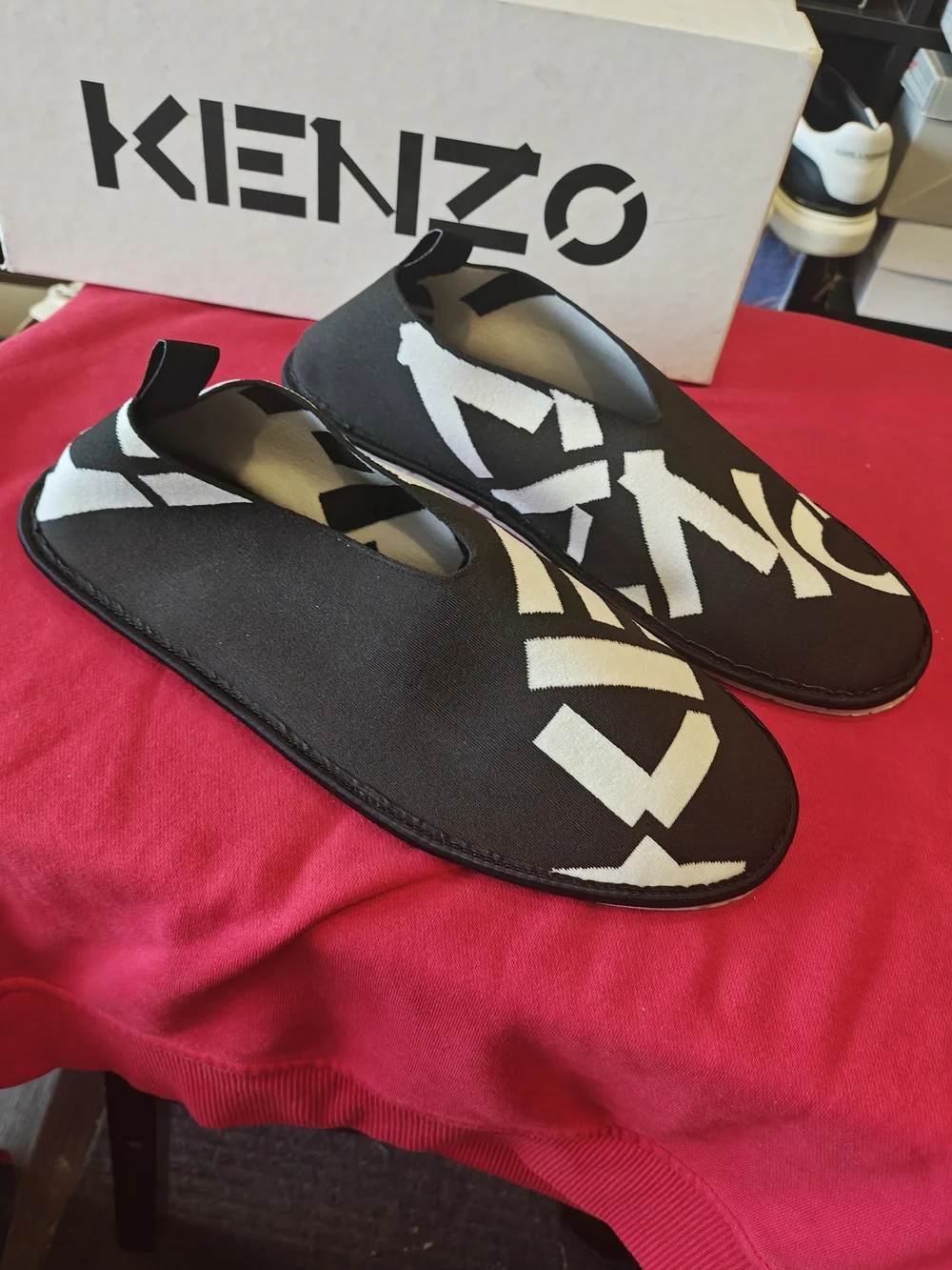 Kenzo Men’s Black and White Slip-On Sneakers 44